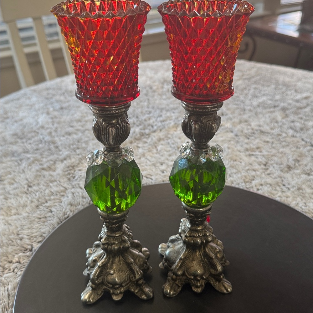 Hollywood‎ Regency Green Lucite 8" Candlestick Holders Candles Mid Century Pair - Picture 13 of 15